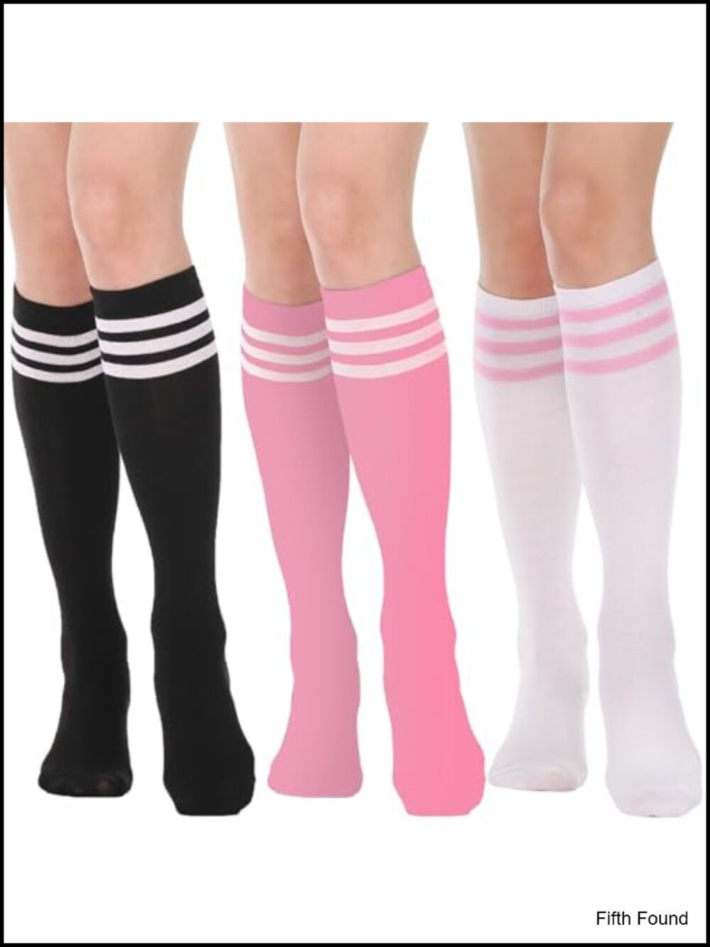 Knee High Socks Seamless Toe Stripe Tube 3 Pairs Polyester